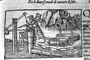 塩の生産：調理スウェーデンの宗教家・地理学者であるオラウス・マグヌス（1490～1557）の版画「Historia de Gentis Septentrionalibus」（ヴェネツィア）。