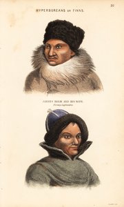 サーミ人またはラップランド人。毛皮の帽子と襟をつけたヤンネス・ホルムと毛皮の縁取り帽子をかぶった妻、ノルウェーのラップランド人。ハイパーボア人またはフィンランド人。チャールズ・ハミルトン・スミスの『人類博物誌』に掲載された図版をもとに、リザースが手彩色したスチール・エングレーヴィング。 作： Unbekannter Künstler