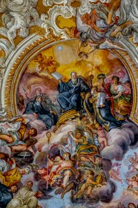 サン・ベネデット教会、カターニア、シチリア（イタリア）。天井フレスコ画の詳細（18世紀）。聖ベネディクト。(写真) 作： Unbekannt