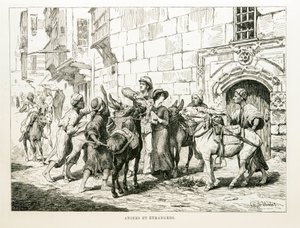 西洋人観光客がロバとその運転手に囲まれている様子を描いた風刺画 - エジプトの地図より引用 作： Unbekannt