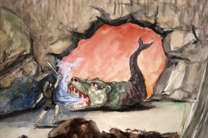 竜ファフナーを倒すジークフリート、19世紀後半（挿絵） 作： Unbekannter Künstler