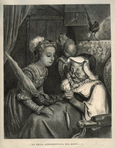 眠れる森の美女：王女は羊毛を紡ぐ老婆を発見する。シャルル・ペロー（1628-1703）の「Les contes」からギュスターヴ・ドーア（1832-1883）が描いたもの。 作： Unbekannt