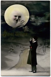 社会。 新年の願い。 月とウォーカー。 はがき、ハンガリー、1920年頃（白黒写真） 作： Unbekannter Künstler