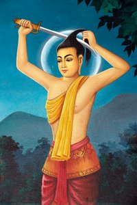 Srahchork Buddhist Monastery。釈迦の生涯を描いた絵。シッダールタ王子は、アノマ川のほとりで世俗的な生活を放棄するために髪を切った。プノンペン。カンボジア。(写真) 作： Unbekannt