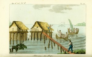 ラワク島の海に浮かぶ高床式住居（パプアニューギニア 作： Unbekannt