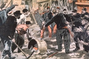 工事現場でのブルトン人グレヴィストと警官隊の闘い、パリ、20世紀初頭（エングレーヴィング） 作： Unbekannter Künstler