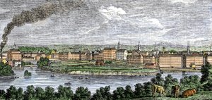 1830年代の米国マサチューセッツ州ローウェル、メリマック（メリマック）川とコンコード川沿いの織物工場。19世紀のカラー・エングレーヴィング。