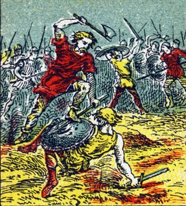 507年、クロヴィス1世が西ゴート族を破ったヴイユの戦い。Histoire de France」に掲載されたエングレーヴィング。1920年頃、Eysines-a-Bordeaux通り24番地のLouit社のために発行された一連の広告画像。画像全体のサイズ：7.8x5.5cm。 作： Unbekannt