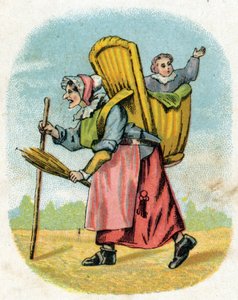 ボーイフレンドの母親。スクールボーイがバッグを持っている老婆のスクールキーパー。Alphabet des petits ecoliers "の中のエングレーヴィング。エピナルの映像、1885年頃。プリヴェ・コレクション