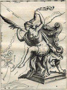 ヘベリウスのアトラス（1690年）のカシオピー。椰子の木で飾られた肘掛け椅子に座る、エチオピア王セフィーの妻カシオピー。カミーユ・フラマリオン著「Les étoiles et les autres curiosites du ciel」からの版画 作： Unbekannt