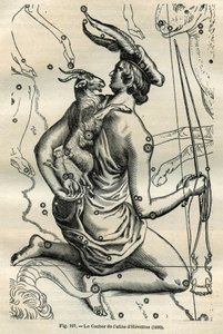 ヘベリウスのアトラス（1690年）のコーチ。右手に鞭とレネを持ち、左腕にシェーブルと2本のシェヴラルを持つコーチの星座は、ギリシャ圏で最も古いものの一つです。カミーユ・フラマリオンの「Les ét」からのエングレーヴィング 作： Unbekannt