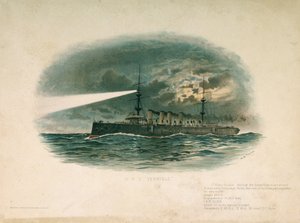 1897年にバロー・イン・ファーネス造船武器会社で建造された一等巡洋艦HMS「テリブル」。W.S.トムキンによる19世紀末のクロモリトグラフィー（？） 作： Unbekannter Künstler