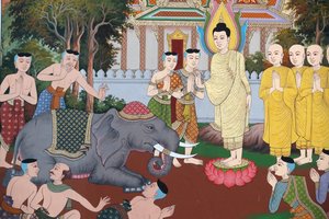 仏陀の生涯、愛情深い親切に飼いならされた野生の象、壁のフレスコ画、ワット・マニラタナラム修道院、プノンペン、2022年（写真）