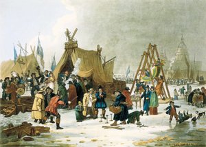 1813年から1814年にかけての冬、1831年に旧ロンドン橋が取り壊されるまでは、極寒の冬にテムズ川が凍結した。 作： Unbekannter Künstler