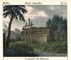 ワカシャンインディアンの木の墓（カナダ）。本のための石版画：Friedrich Wilhelm Goedsche (1785-1863)による「Galerie complete en tableaux fideles des peuples d