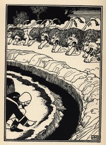 ライオンの攻撃から男爵は火薬に火をつけて身を守る。ルドルフ・エーリッヒ・ラスプ（1736-1794）の『ミュンヒハウゼン男爵の冒険』（1789年）からウィリアム・ストラング（1859-1921）とJBクラークが描いたイラスト 作： Unbekannt