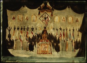 ホレイショ・ネルソン（1758-1805）の遺体が安置されたグリニッジの旧王立海軍大学の絵画ホール。 作： Unbekannter Künstler