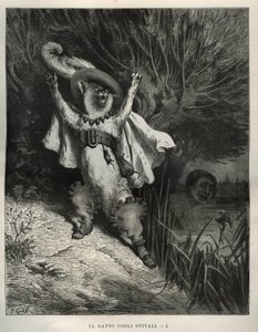 長靴を履いた猫が助けを求めます。シャルル・ペロー（1628-1703）の「Les contes」をギュスターヴ・ドーア（1832-1883）が描いたもの。
