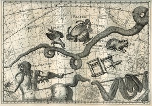 うずうずするクルボーとバランシング カップを備えたうみへび座の星座は、木星に生け贄を捧げるために水で満たされたカップを持ったカラスを送ったアポロの神話に由来します。 Hydre の下、フランスの天文学者 Lalande (1732-1807) dr 作： Unbekannter Künstler