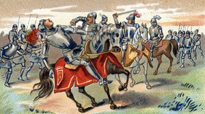 カスティヨンの戦い (1453 年) で殺されたジョン タルボットの死、19 世紀後半 (クロモリトグラフィー) 作： Unbekannter Künstler