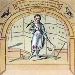 イタリア、ローマのラビカーナ通りにある聖マルチェッリーノ教会の壁画に描かれたフォッソール（墓掘り人）ディオゲネス 1920年代 作： Unbekannter Künstler