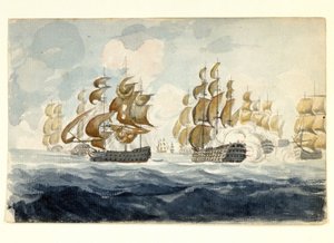 イル・ド・グロワの海戦（1795年）における、ロリアン（フランス）沖でのブリドポート子爵アレキサンダー・フッド（1726-1814）の海軍作戦。水彩画 作： Unbekannter Künstler