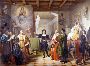 アトリエでの画家ラファエロ（Raphael Sanzio 1483 - 1520）。 作： Unbekannter Künstler