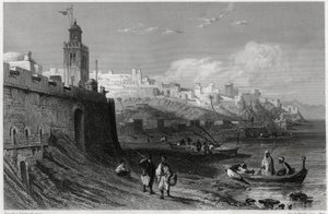 フランスのジャーナリストであり旅行家でもあったルイ・エノー（1824-1900）の地中海に関する本に掲載されている、19世紀の要塞都市タンジェの絵のように美しい港の様子。ルイ・エノー『LA MEDITERRANEE SES ILES ET SES BORDS』モリゾー刊 作： Unbekannt