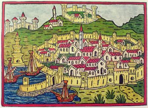 「Cosmographia Universalis」（木版画）より、1482年のナポリの港と街 作： Unbekannter Künstler