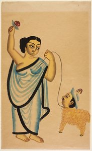 羊の恋人：右手にバラを持ち、人間の頭を持つ羊を率いる娼婦、1865年頃（紙にインクと色） 作： Unbekannter Künstler