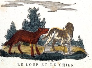 オオカミと犬、ラ・フォンテーヌの物語、19世紀初頭（エングレーヴィング）