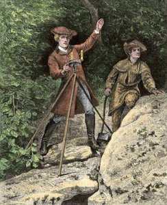 ヴァージニアで幾何学として働く若き日のジョージ・ワシントン（1732-1799）。19世紀の彩色エングレーヴィング。 作： Unbekannter Künstler