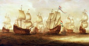 三十年戦争（1618-1648）：ウィッテ・デ・ウィズ提督（1599～1658）が1641年、ニーウポルト（オランダ）沖でダンケルクのボートと戦った。 作： Unbekannter Künstler