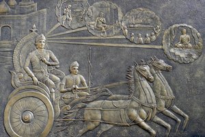 Tinh Xa Ngoc Chau Buddhist temple, The Life of the Buddha, Siddhartha Gautama, Prince Siddhartha asked a charioteer to take his series of rides in the countryside, Chau Doc, Vietnam, 2018 (photo)