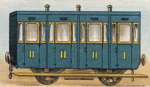 電車のワゴン。Alphabet de ma petite fille "に掲載されているエングレーヴィング。Bernardin-Bechet and Fils, bookseller-publishers, Paris, around 1895.壊れないアルバムをキャンバスにBibliotheque des Bebes.12ページ。読書法とイラスト入りのアベセダリーを収録したアルバム。D 作： Unbekannt