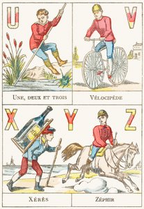 UVXYZ; U：1、2、3。 V：ベロシペード; X：ゼレス; Z：Zephir-Games Alphabet、c.1890（彫刻） 作： Unbekannt