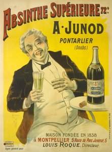 ビストロのテラスで、アブサンを飲みながら爆笑している男性 作： Unbekannt