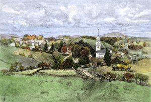 アメリカ合衆国、ニューハンプシャー州：ニューハンプシャー州ニューボストン村、1800年。19世紀のカラー・エングレーヴィング。 作： Unbekannter Künstler