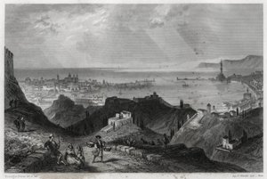 フランスのジャーナリストであり旅行家でもあったLouis Enault（1824-1900）の「Mediterranee」の本に掲載されている、ジュネスの街と港、エクラタンテ・クォート、大理石の街、ジュネス・ラ・スパーブの風景。 作： Unbekannt