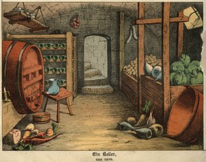 ワインやヴェーグル（冷たい肉）を保存するための貯蔵庫の内部の様子。フランス・ドイツ語圏の子供向け辞書に掲載されているプレート 作： Unbekannt