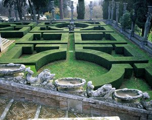 ジャコモ・デル・ドゥーカ（c.1520-1604）が設計したカジノ（パラッツィーナ）前の上層庭園の眺め（1584-6年）（写真）。 作： Unbekannt