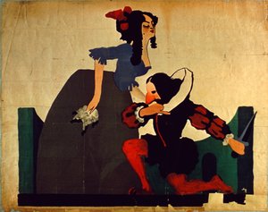 女性の足元に跪く男性のヴィンテージポスター、シェイクスピアの絵（カラーリトグラフ 作： Unbekannt