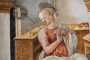 Virgin Mary, detail of the Annunciation   1397860   ja       japanese Successfully Translated  Original: French XVIIIth century cabinet, c1950. Translat: 