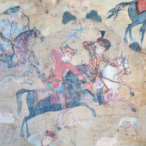 Qeysarieh ポータル、イスファハン、イランの Naqsh-e Jahan Imam 広場の壁画 (フレスコ画) 作： Unbekannter Künstler