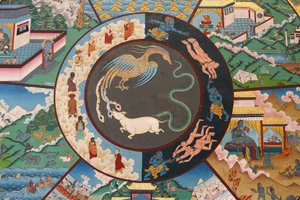 生命の輪または輪廻（マンダラ）：雄鶏、蛇、豚。ネパール、カトマンズ、コパン僧院 作： Unbekannt