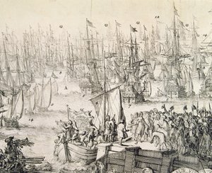 1688 年 11 月にイギリスに向けて出航するオラニエ公ウィリアム (版画) 作： Unbekannter Künstler