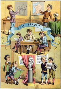 教室での作業風景。Alphabet des petits ecoliers "に掲載されているエングレービング。エピナルの映像、1885年頃。プリヴェ・コレクション 作： Unbekannt