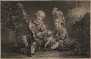遊んでいる幼い子供たち、パリ、1775年頃（彫刻） 作： Unbekannter Künstler