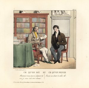 顧問の書斎で手紙を読む若い紳士。彼はこう言った。またタダで食事ができる！スイス人画家ジャン・ガブリエル・シェフェールによる『Petites Sce』の挿絵をもとに、ジホー兄弟が手彩色したリトグラフ。 作： Unbekannter Künstler