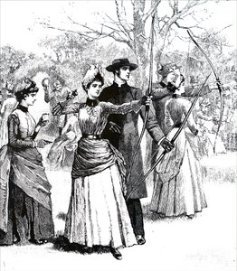 アーチェリーの練習をする若い女性たち